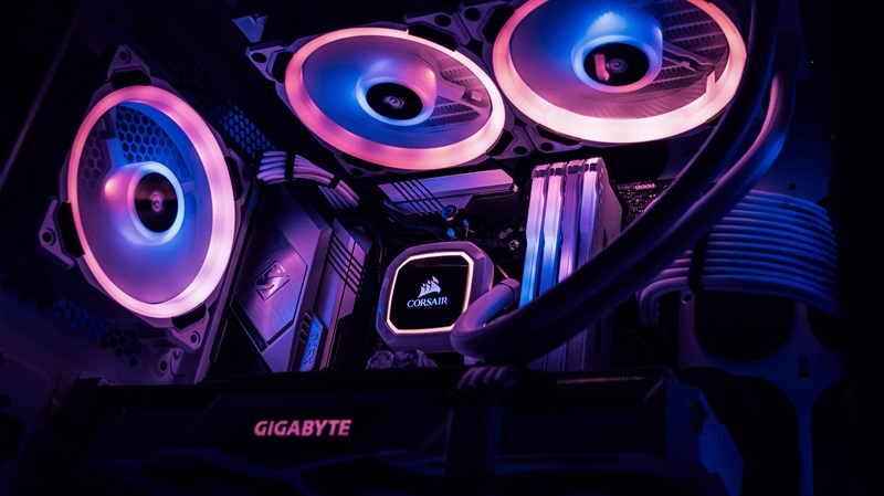 Inside a computer full of purple RGB